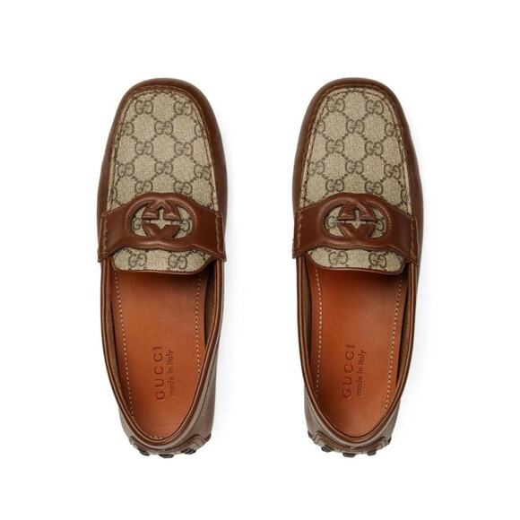 NIB Gucci Men Loafer 8.5 US 9 Brown GG Supreme Canvas Leather Driver Moccasins - Picture 1 of 12